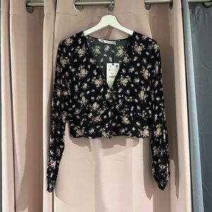 Zara Ruffle Floral Deep V Button Down Blouse
